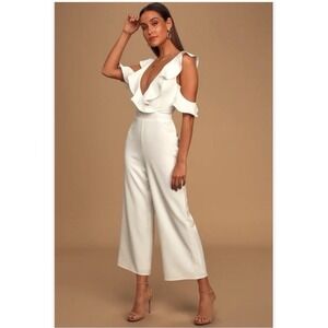 Lulus White Crop Jumpsuit Ruffle V Neck Cold Shoulder Bridal Graduation Large